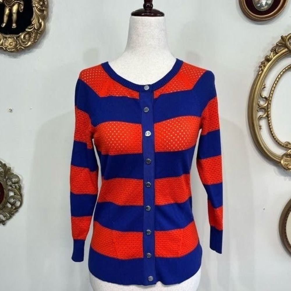 Karen Millen Blue and Orange Striped Pointelle Cardigan